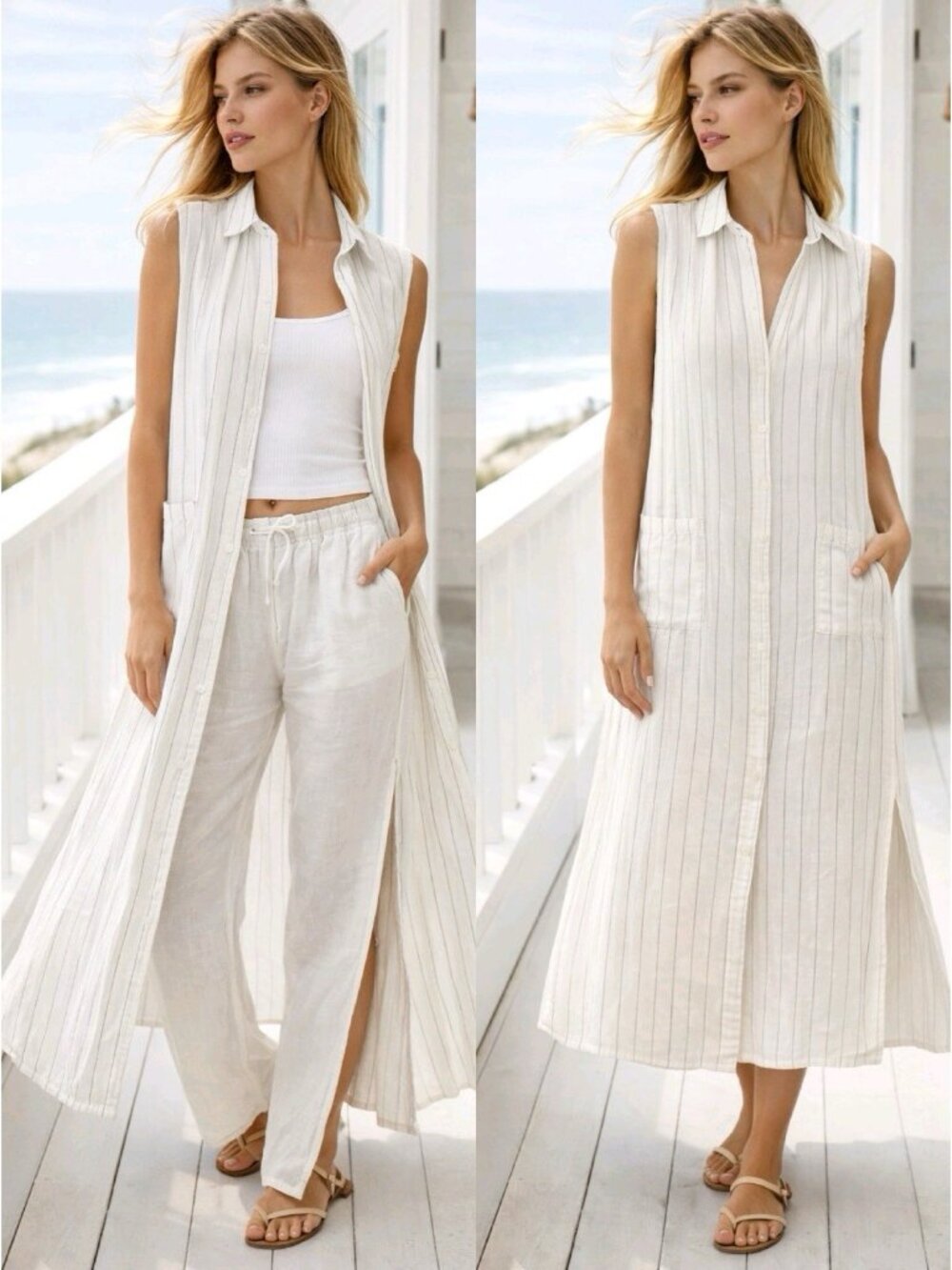 FRAME Linen Shirt Dress/Duster SZ S Ivory & Noir Pinstripe Sleeveless Coastal